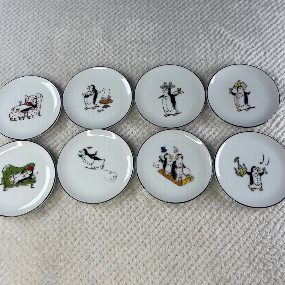 Pottery Barn Penguins Appetizer Plates Set of 8 Whimsical Party Holiday Japan